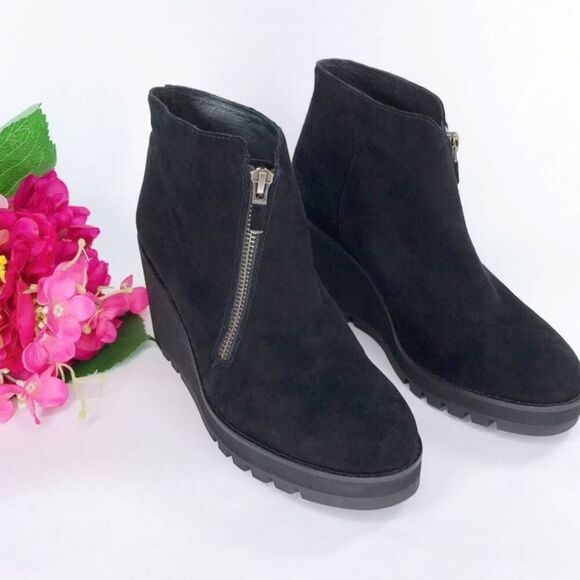 Eileen Fisher Alto Black Suede Wedge Ankle Boots Booties Platform Size 7 Zip - Picture 1 of 14